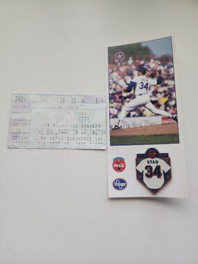 1996 Nolan Ryan Texas Rangers #34 Retirement Pin Kroger & Ticket Stub 9/15/96)
